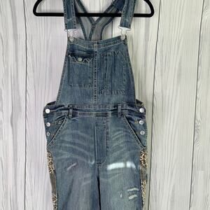 Anthropologie Pilcro Lex Distressed Denim Overalls Leopard Side Trim 28